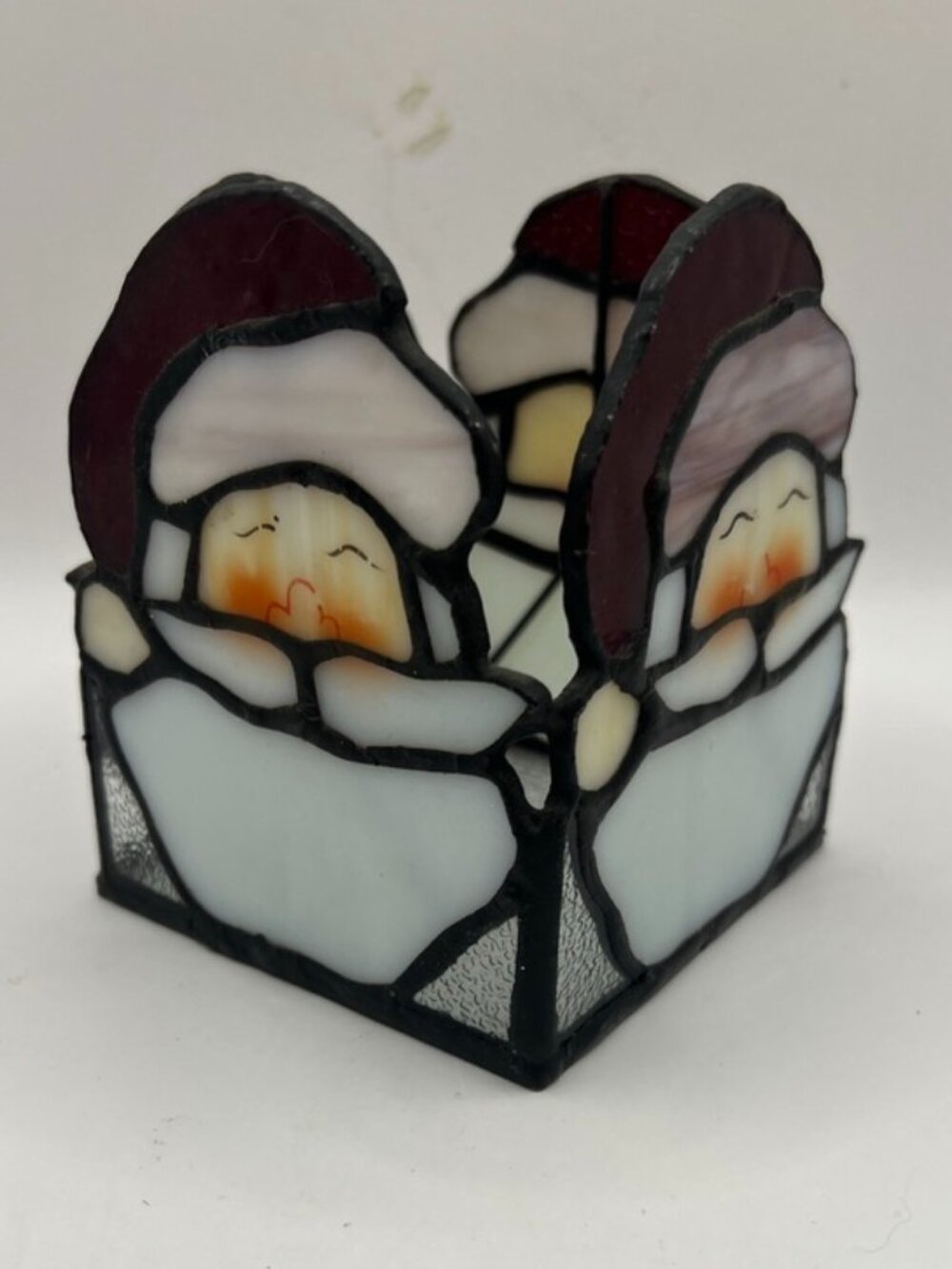 LEADED STAINED GLASS SANTA CANDLE HOLDER 3-1/2 X 4"